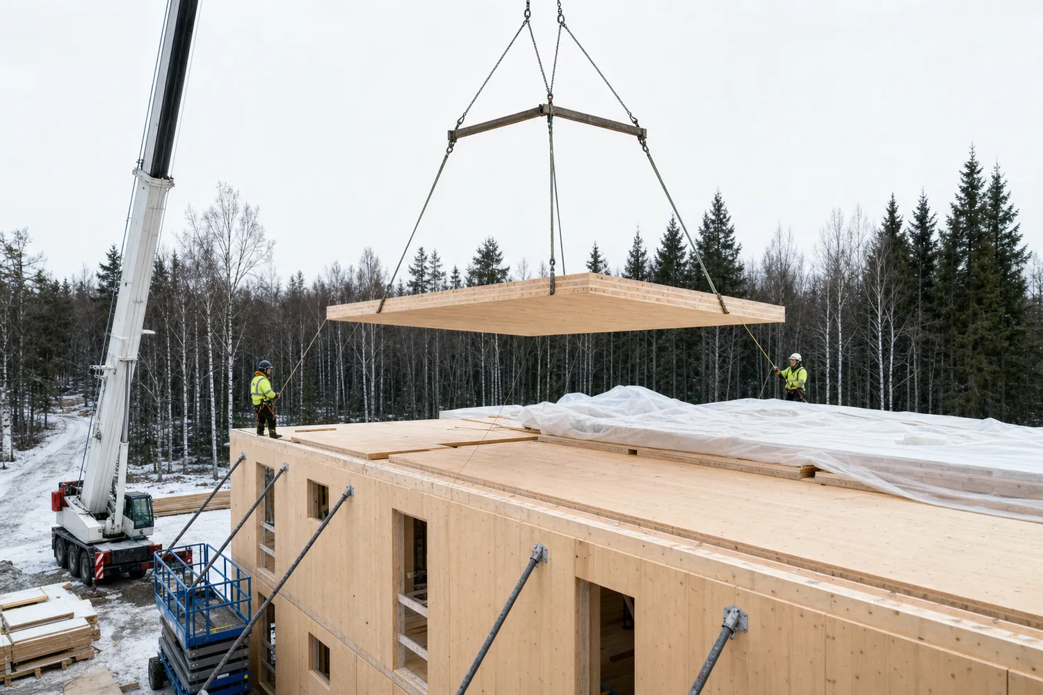 Ett bjälklag av KL-trä lyfts på plats med kran ovanpå monterade väggskivor i ett flerbostadshus med trästomme.