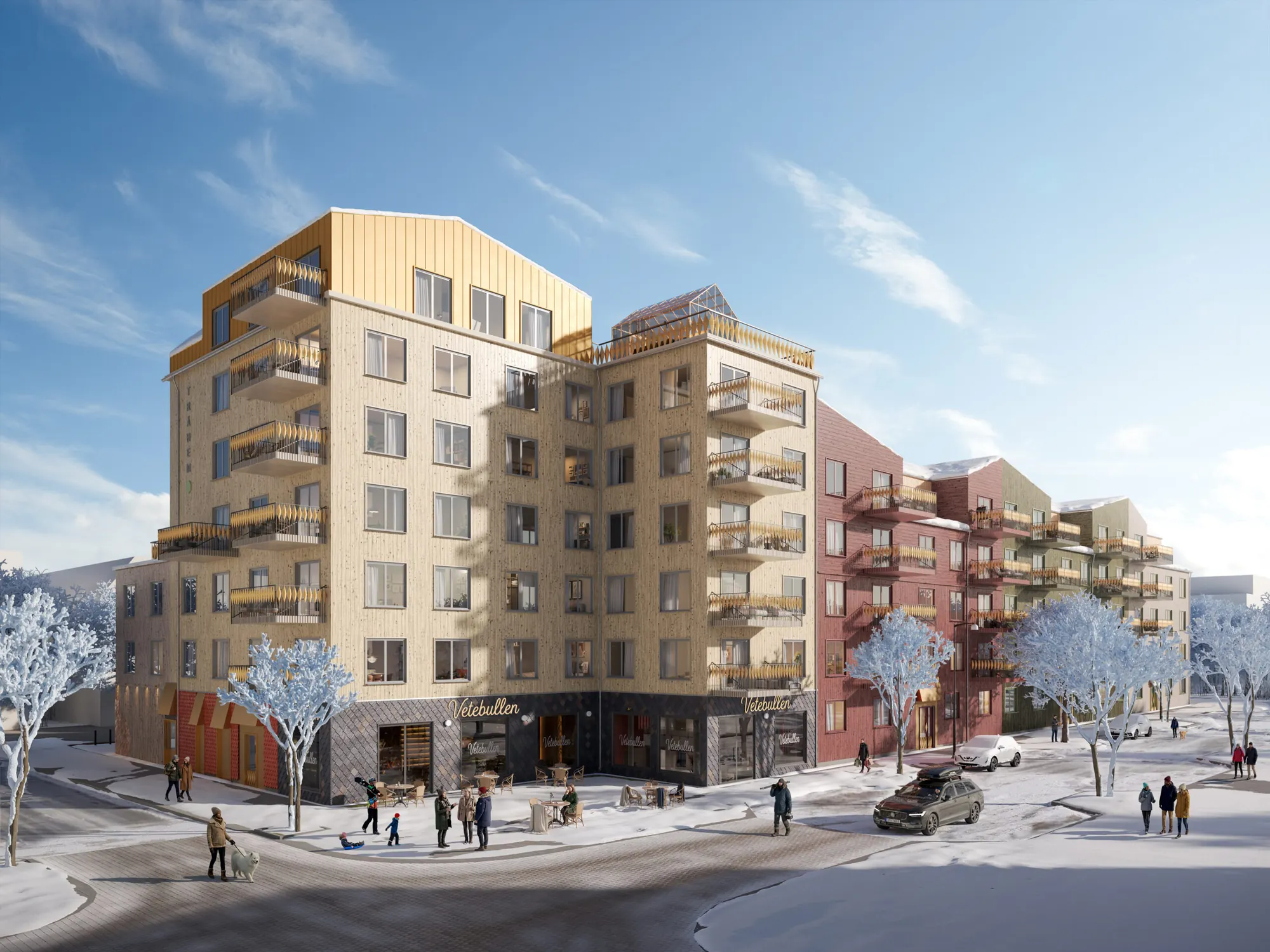 VYN at Väsjö Torg, Sollentuna — a timber-framed apartment building with timber façades on a winter’s day.